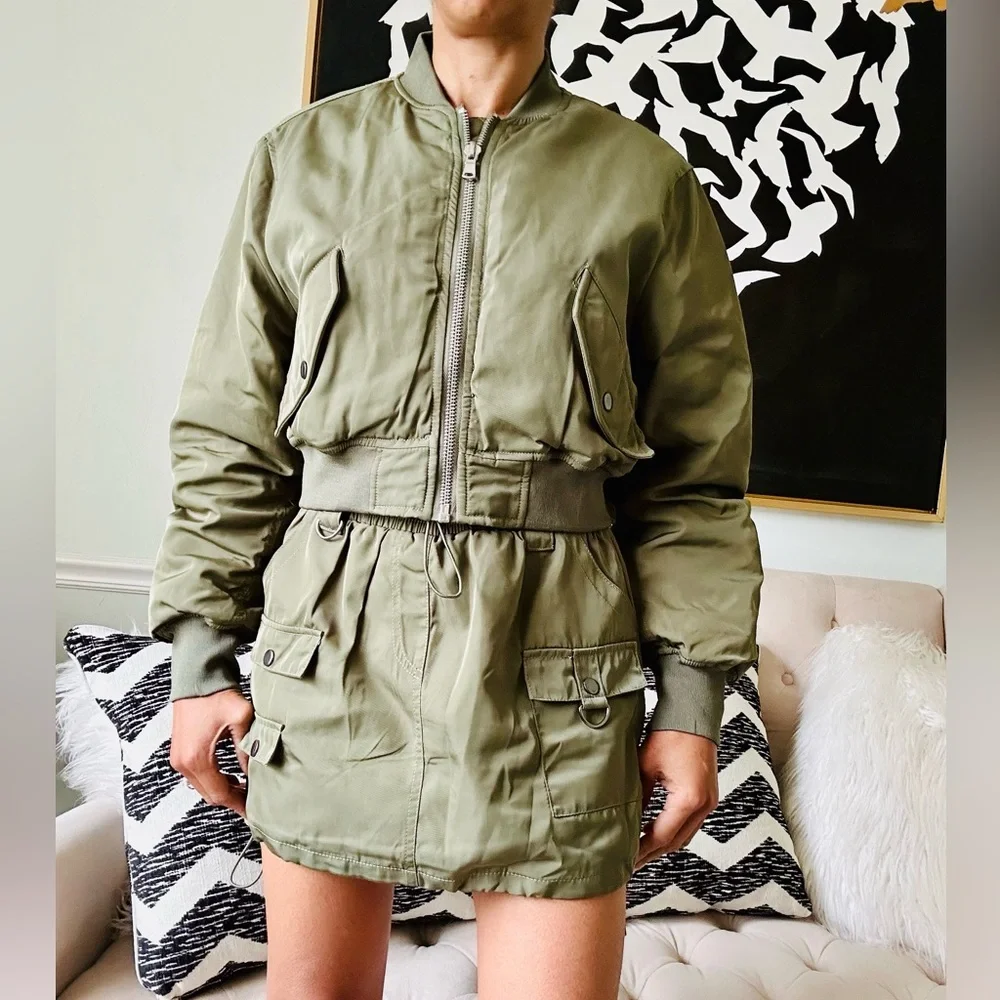 Fashion Nova Olive Green Got to Get Away Bomber Skirt Set - Picture 2 of 11